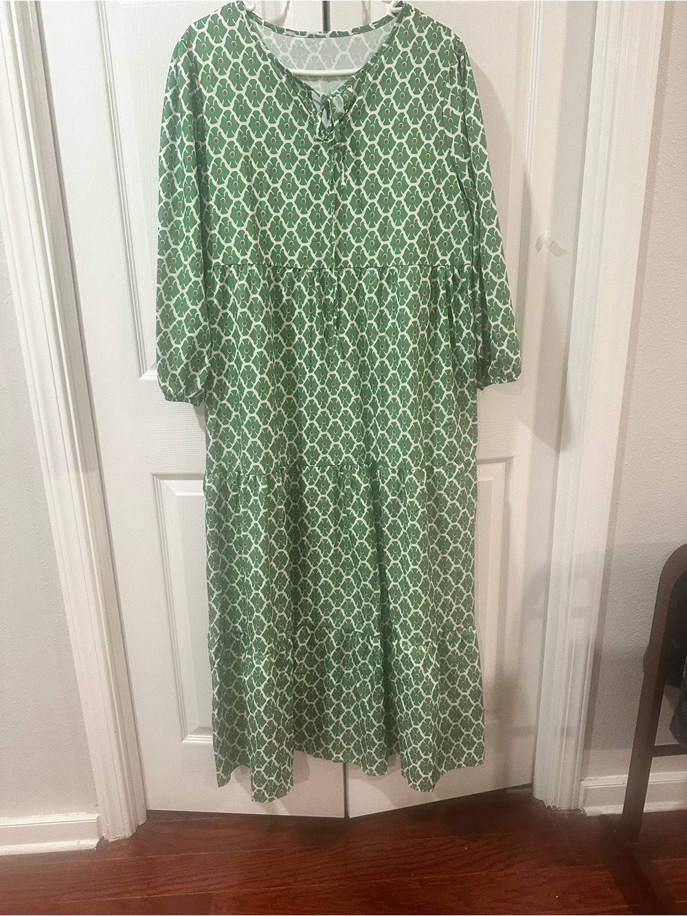 Amazon Green Patterned V-Neck Tiered Midi Dress